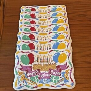 Town & Country Happy Birthday Vinyl Placemats Set of‎ 7 | Balloons Cake Vintage